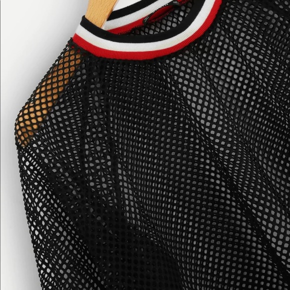 Striped Trim Mesh Sheer Crop Sweatshirt - Picture 2 of 3